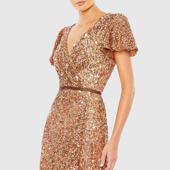 Mac Duggal Size 16 Copper Sequin Beaded V-Neck Short Sleeve Long Maxi Gown Dress - Picture 3 of 5